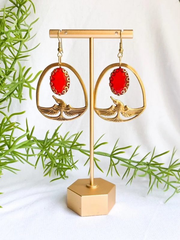 VINTAGE BRASS BIRD vintage Swarovski red crystal earrings