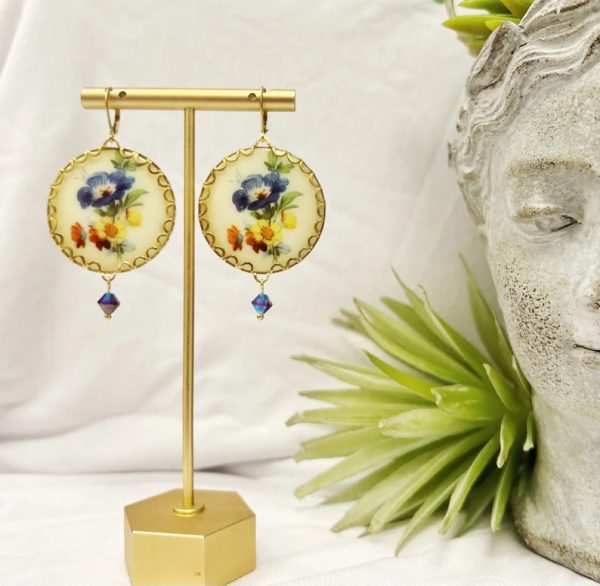 VINTAGE LARGE FLORAL glass cabochon Swarovski iridescent crystal earrings