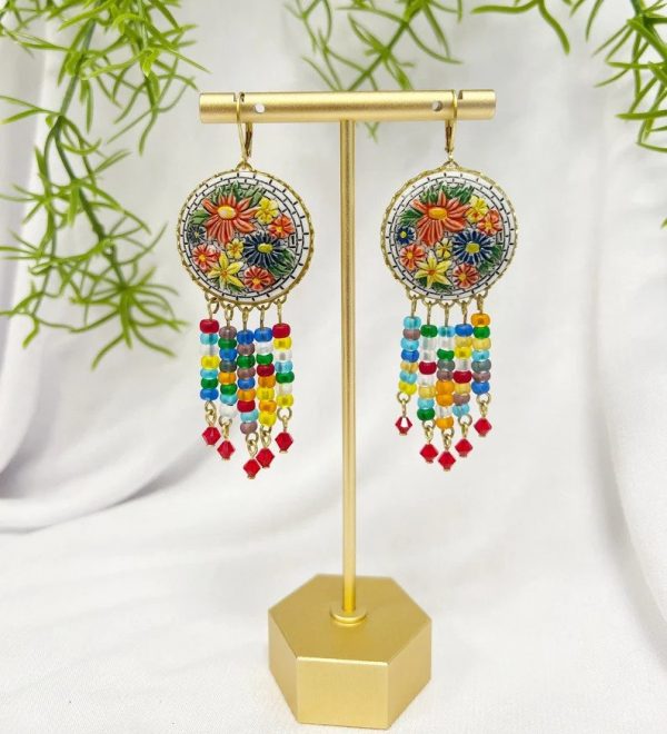 VINTAGE PRESSED FLORAL glass cabochon beaded fringe earrings